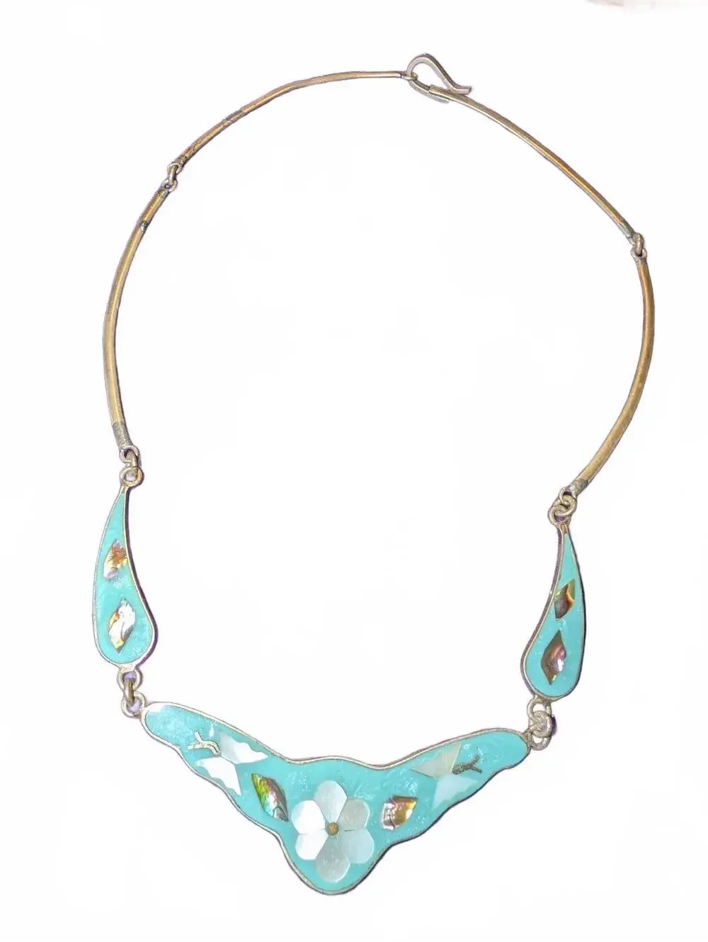 Vintage Alpaca Mexican Silver and Turquoise Floral Necklace